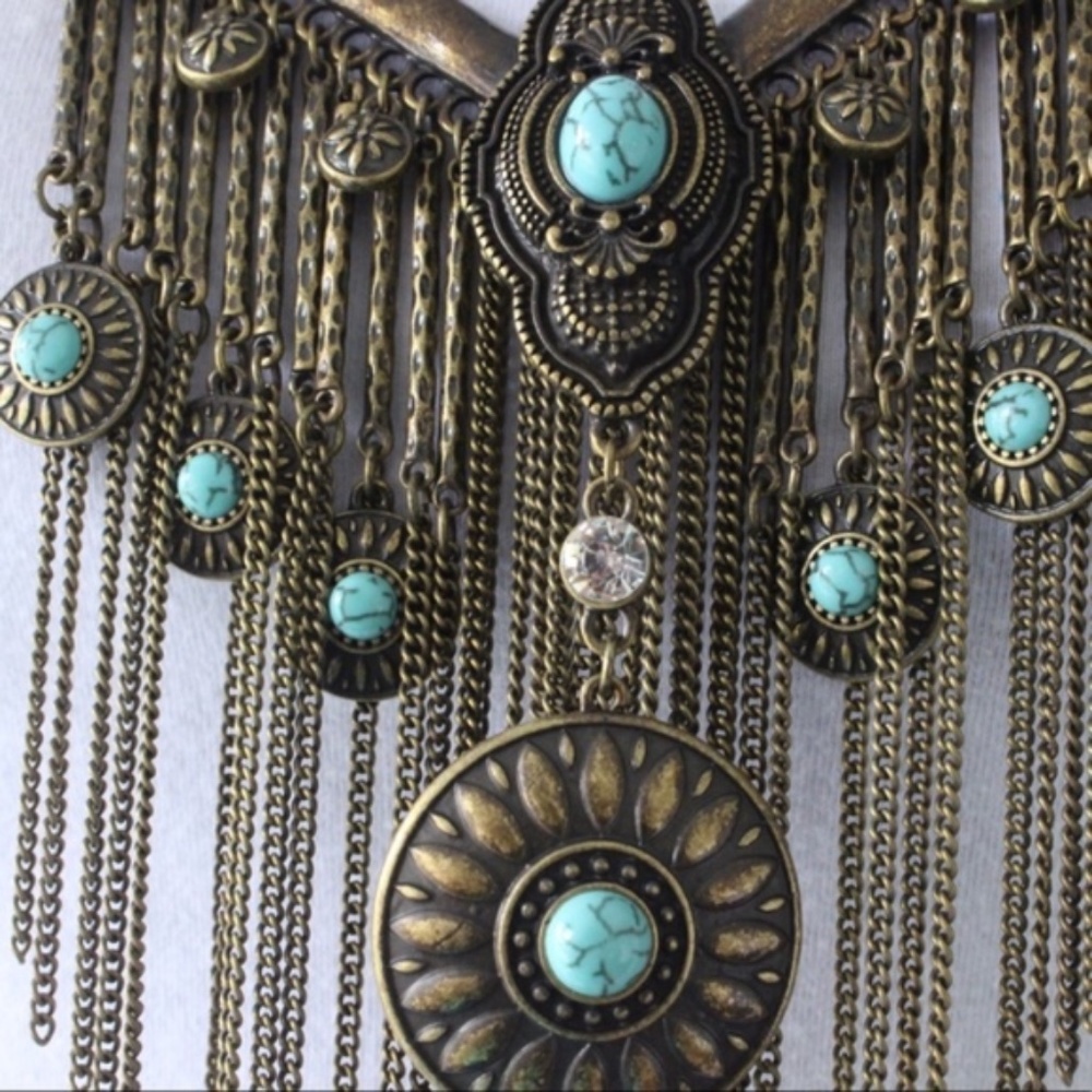 New Boho Statement Necklace Brass Turquoise - Picture 5 of 8